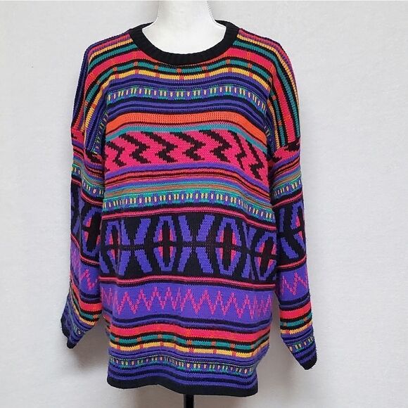 Vintage 1980s Jordache Neon Retro Bodacious Crewneck Boxy Colorblock Sweater 22W - Picture 3 of 12